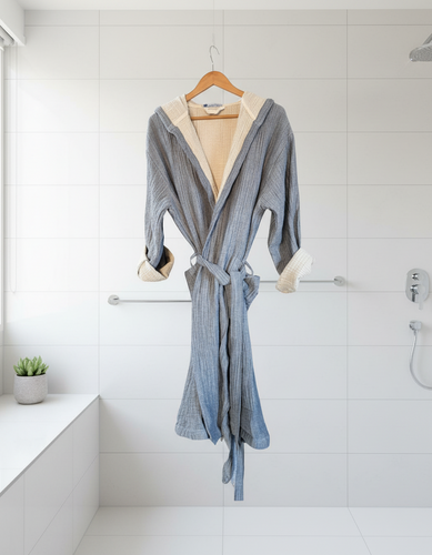Muslin robe in denim  on a hanger against a white background